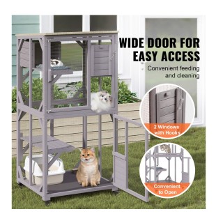 Ξύλινο Τροχήλατο Κλουβί - Σπίτι Γάτας 3 Επιπέδων 760 x 865 x 1630 m...