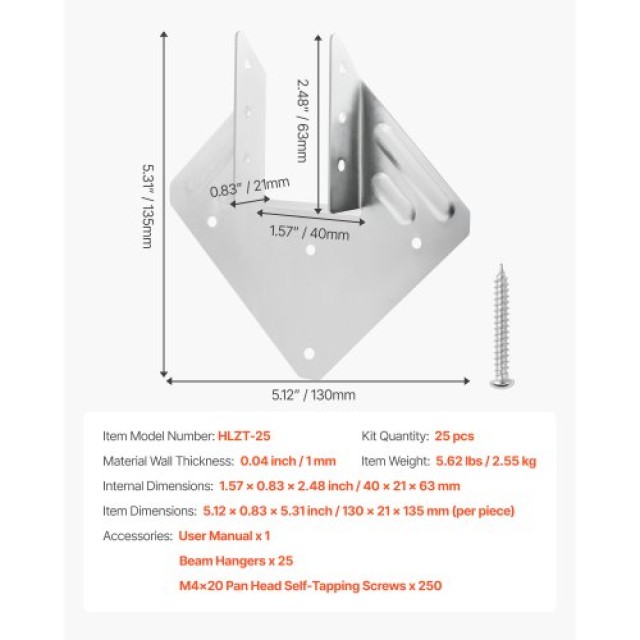 VEVOR Συνδετήρες Αντοχής για Ράφτερς 135x40x63mm 25τμχ TLDJ2XINCH25...