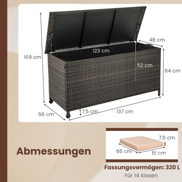 Costway  Εξωτερική Αποθηκευτικό Κουτί 320lt από PE Rattan με Αδιάβροχη Επένδυση 137 x 56 x 64cm Καφέ NP11512BN