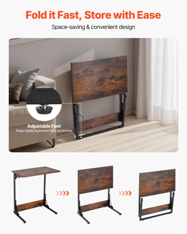 VEVOR Πτυσσόμενο Τραπεζάκι C για Καναπέ με Μεταλλικό Σκελετό, Καφέ,...