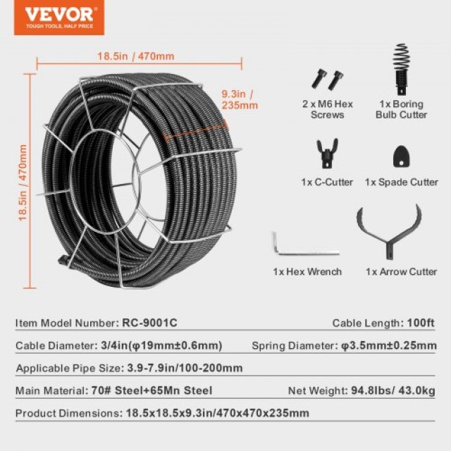 Καλώδιο Καθαρισμού Αποχέτευσης VEVOR 30m x 19mm με 4 Κόφτες για Σωλήνες 10-20cm  GSNXDL34IN10UQONSV0