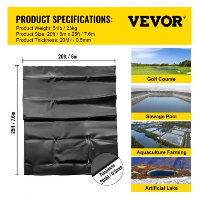 VEVOR Λινοτάπητας Λιμνών 20x25 ft, 20 Mil, για Καταρράκτες & Λιμνούλες Ψαριών  FSM20X25FT0000001V0