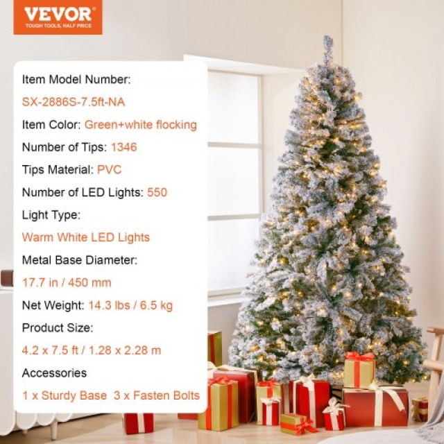 VEVOR  Χριστουγεννιάτικο Δέντρο 7.5ft με Φωτάκια LED και Χιονισμένη Όψη 1346 Κλαδιά RZSDSZRSDSDSMEDSNV2