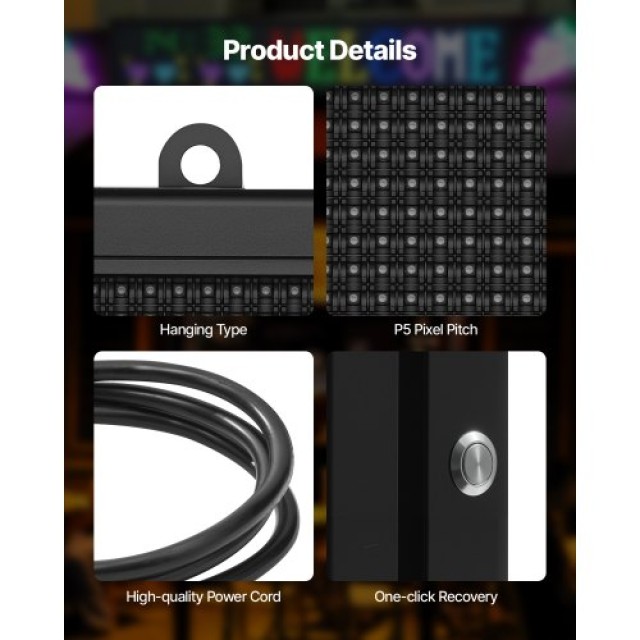 VEVOR Προγραμματιζόμενη LED Πινακίδα 27x14in P5 Πλήρους Χρώματος YP...