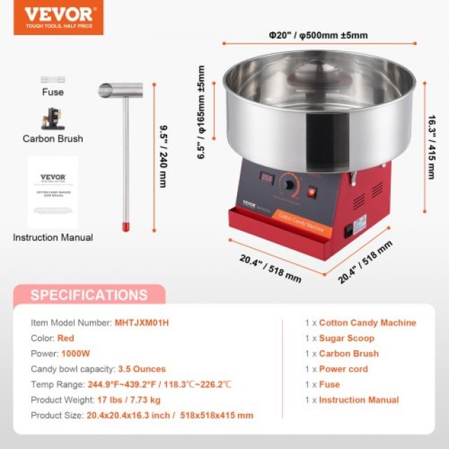 Μηχανή Μαλλιού της Γριάς VEVOR, 1000W, Κόκκινη  TSMHTJHSWGXM8E4PNV2