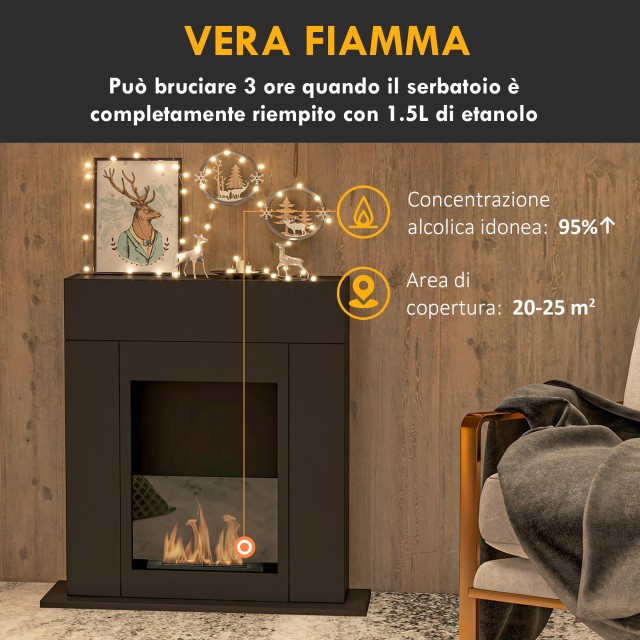 HOMCOM  Τζάκι βιοαιθανόλης δαπέδου με καυστήρα 0.9L, διάρκεια 3 ώρες, θερμαινόμενη περιοχή 20-25 m², 73x20x75cm, μαύρο.  820-379V00BK