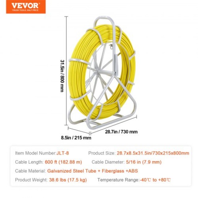 VEVOR Ταινία Ψαρέματος Fiberglass, 600 ft, 5/16 in, Διάδρομος Καλωδίων με Βάση, 3 Κεφαλές, Μη-Αγωγική  DZJYD516600FTVVWSV0