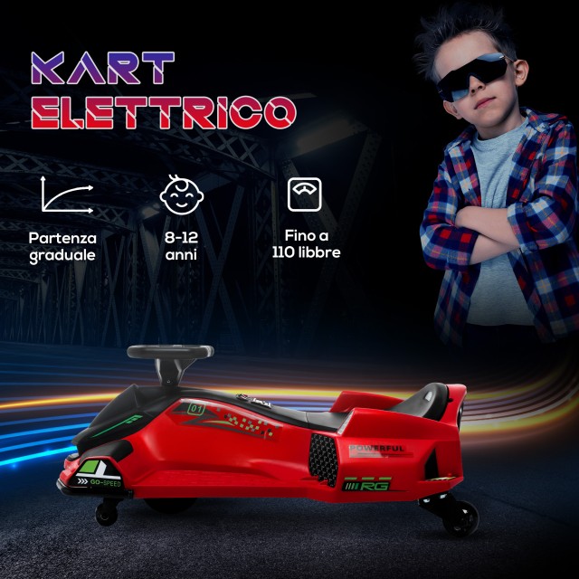 HOMCOM Ηλεκτρικό Go Kart για Παιδιά 8-12 Ετών Ταχύτητα 3-8 χλμ/ώρα για Drifting με Φώτα και Μουσική Κόκκινο 370-307V90RD