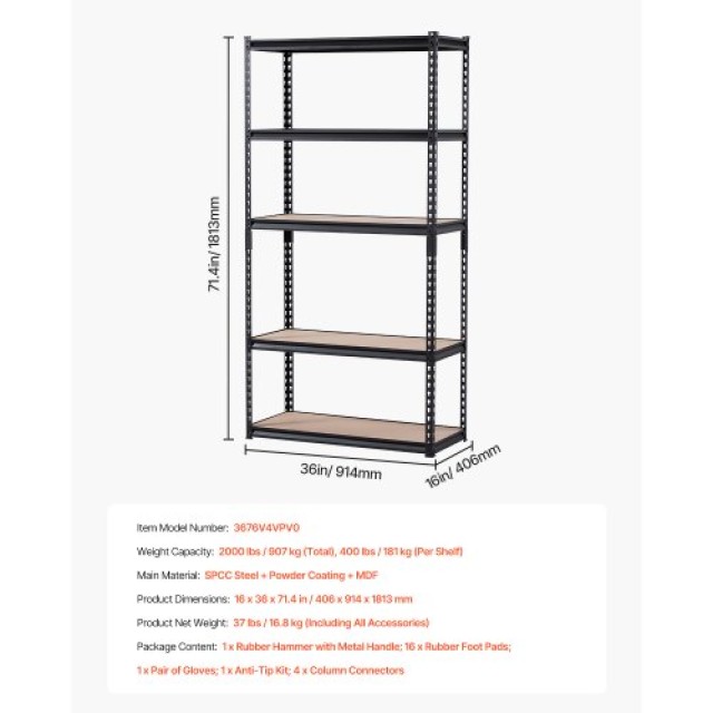 VEVOR Ράφια Αποθήκευσης 5 Επιπέδων 16 Β x 36 Π x 71.4 Υ για Γκαράζ MDBSXHJ163676V4VPV0