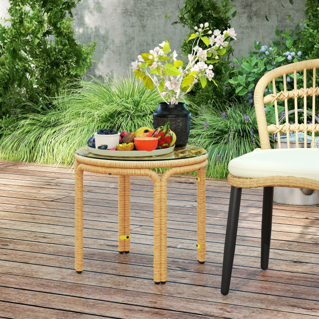 Outsunny Στρογγυλό Τραπέζι Κήπου Rattan & Γυαλί, Ø50x44 εκ, Κίτρινο Boho Chic 867-280V00YL