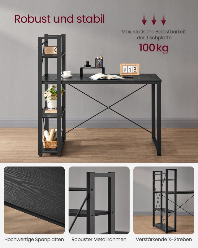 Γραφείο VASAGLE με Ράφια, 120 cm, Ebony Black 
