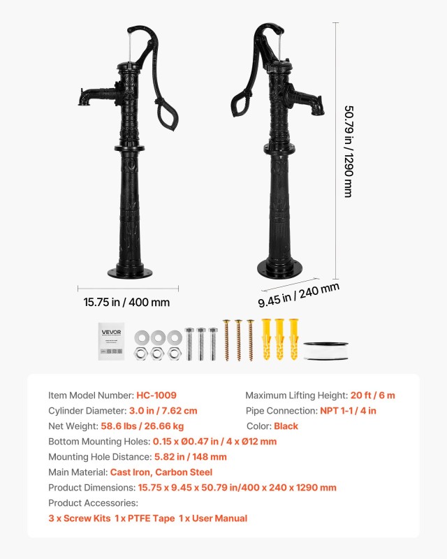 VEVOR Αντλία Νερού Χειροκίνητη από Χυτοσίδηρο, Μέγιστο Ύψος Ανύψωση...
