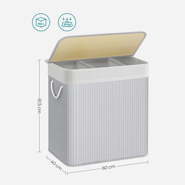 SONGMICS Καλάθι Απλύτων 3 Διαμερισμάτων , Γκρι, 150L,LCB091G01 