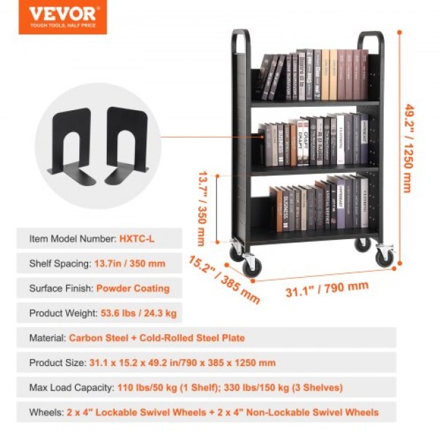 Καρότσι Βιβλίων VEVOR 150kg  790 x 385 x 1250 mm, Μαύρο  LXTSGTCHS330Y7BMJV0