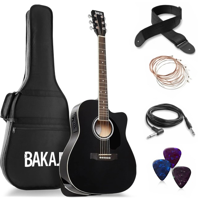 BAKAJI Ηλεκτροακουστική Κιθάρα 41 Μαύρη με Ισοσταθμιστή, Σετ Χορδών...