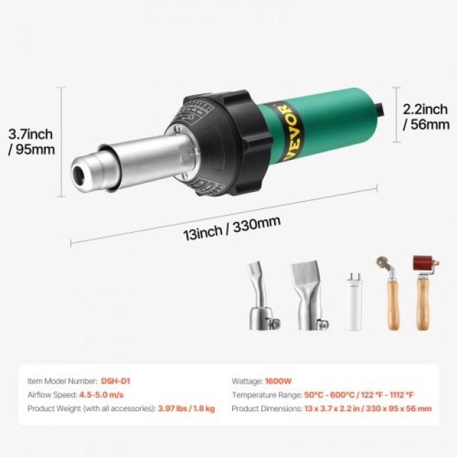 VEVOR  Πλαστικός Συγκολλητής Θερμού Αέρα 1600W με 5 Αξεσουάρ  PVCBR...