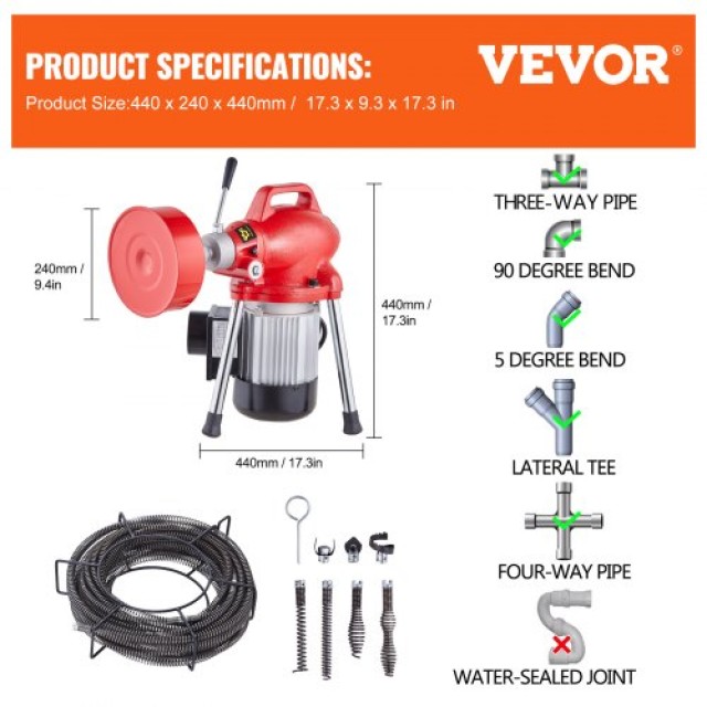 VEVOR Μηχανή Καθαρισμού Αποχέτευσης 20m x 16mm 250W Χειροκίνητη Τροφοδοσία  XXFDGDSTJ250OF30KV2