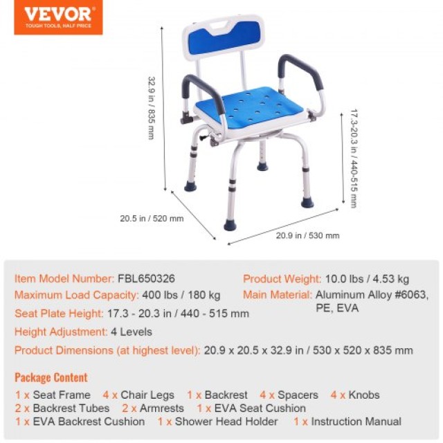 VEVOR Περιστρεφόμενη Καρέκλα Ντους 360° για Μπανιέρα με Περιστρεφόμενα Μπράτσα 400 Λίβρες GDSYGZYTLSLKLF6OHV0