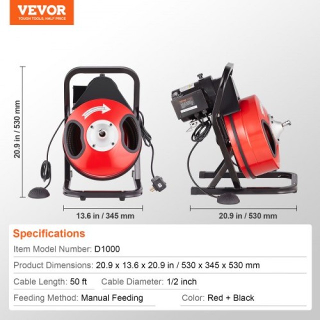VEVOR Μηχανή Καθαρισμού Αποχέτευσης 50FT x 1/2 Χειροκίνητο Φίδι με 4 Κοπτήρες  SDJJKLSGDSTJA6DFTV2