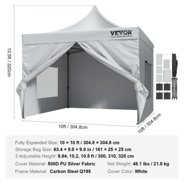 Τέντα VEVOR 10x10FT με Πλευρικά Τοιχώματα & Τσάντα Λευκή  DCSYPBS10...