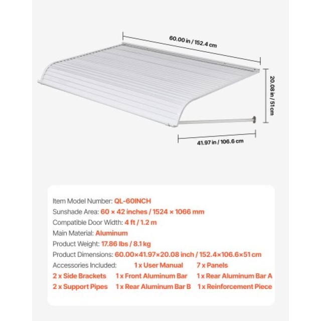 VEVOR Στέγαστρο Πόρτας Αλουμινίου 60x42 ιντσών JSGDSZYP60INAUZ55V0