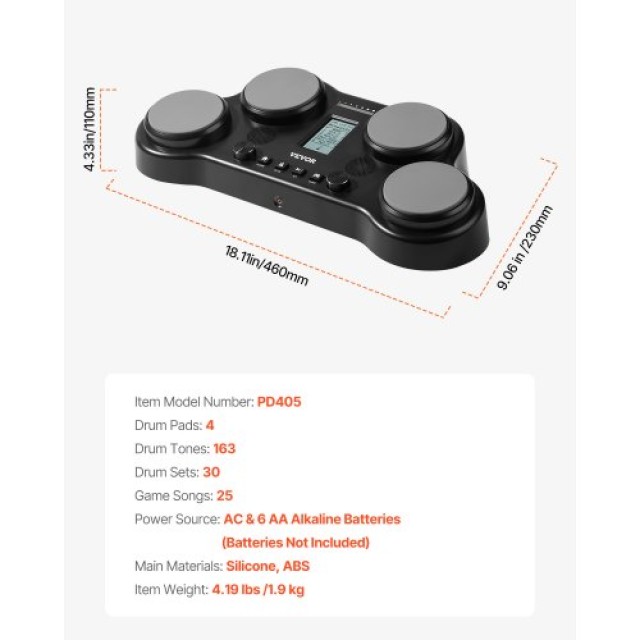 VEVOR Ηλεκτρονικό Τύμπανο 4 Pads 163 Ήχοι Ακουστικά Στερεοφωνικά Ηχεία ZMDJGHS4DYTS6OULTV2