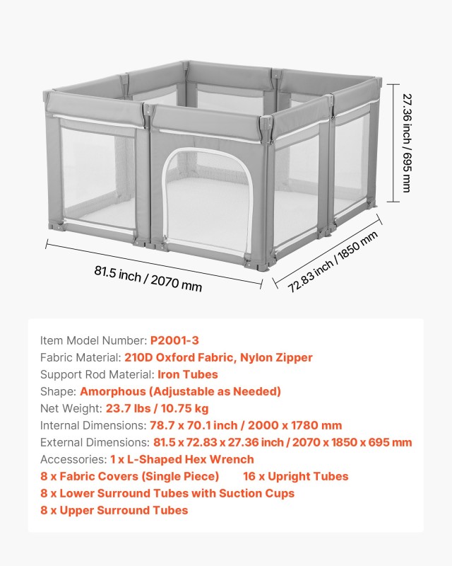 VEVOR Πολυχρηστικό Βρεφικό Πάρκο 2000 x 1780mm, Αναδιπλούμενος Χώρο...