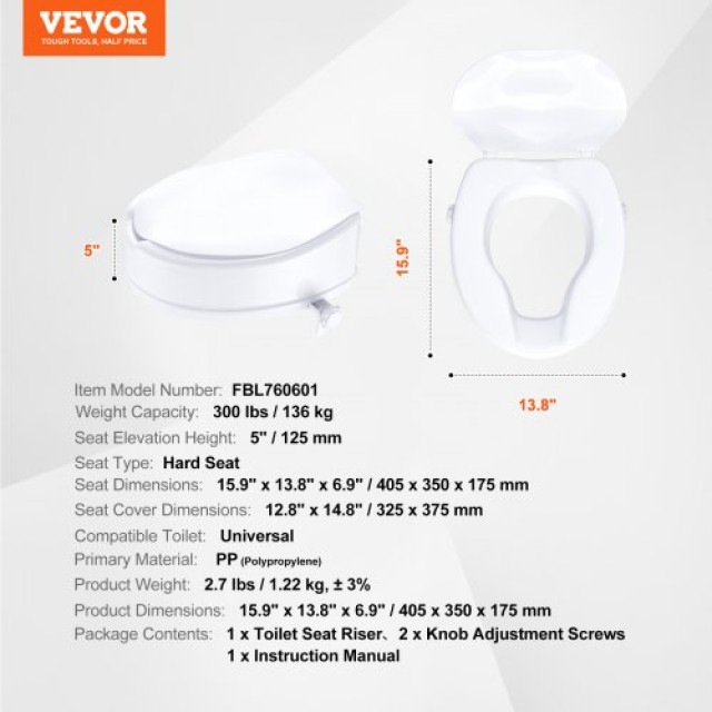 VEVOR Ανυψωμένο Κάθισμα Τουαλέτας, 5 Ύψος, 300 lbs Βάρος, Καθολικό Ανυψωτικό, Κλείδωμα με Βίδα, για Ηλικιωμένους, ΑΜΕΑ, Ασθενείς, Εγκύους, Ιατρικό  LBSDSJGMTZDWLVTBMV0