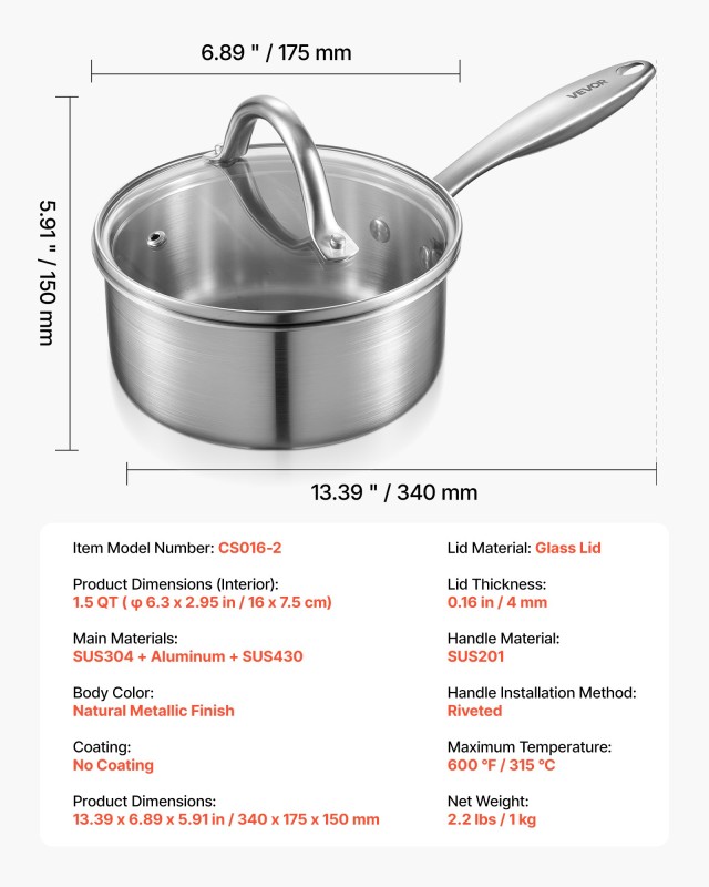 VEVOR Πολυχρηστική Κατσαρόλα 1.5QT (φ 16 x 7.5 εκ.) - Ανοξείδωτη με...