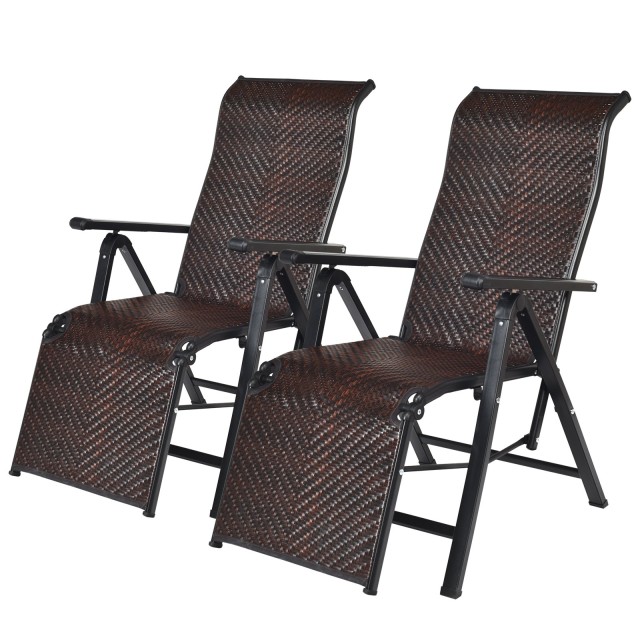 Costway Διπλωτές Καρέκλες Rattan με Ρυθμιζόμενες Πλάτες και Φαρδιά Μπράτσα Καφέ HW64433-2