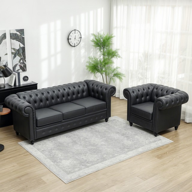HOMCOM Τριθέσιος Καναπές Στυλ Chesterfield Καπιτονέ με Ενσωματωμένα Ελατήρια, Συνθετικό Δέρμα, 213x86x79 εκ., Μαύρο 83B-246V00BK