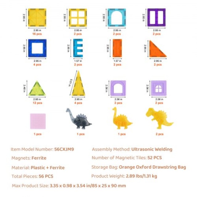 VEVOR  Μαγνητικά Πλακίδια Κατασκευής 56 Τεμ 3D Σετ για Παιδιά DWKCLPJMTZ56SUUVEV0