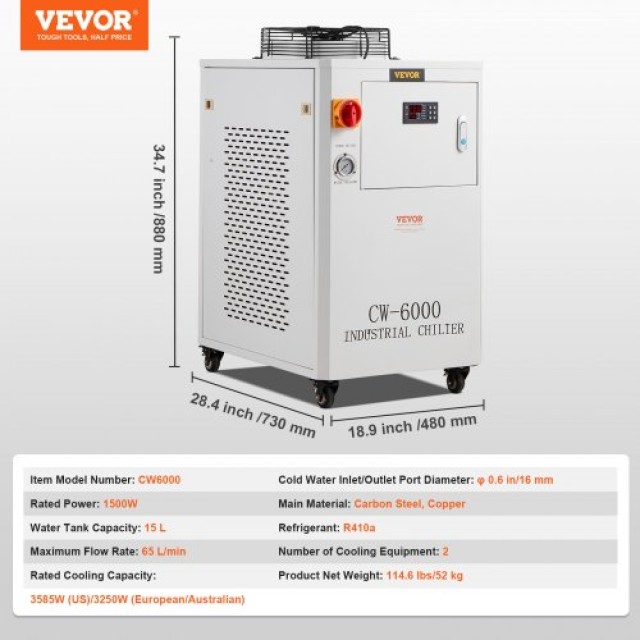 VEVOR Βιομηχανικός Ψύκτης Νερού CW-6000 15L 65L/min με Συμπιεστή  GYLSJYSJS15LDYZN6V2
