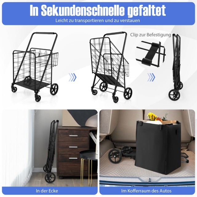 Costway Πτυσσόμενο Καρότσι Αγορών με Αποσπώμενη Τσάντα Oxford & 2 Κ...