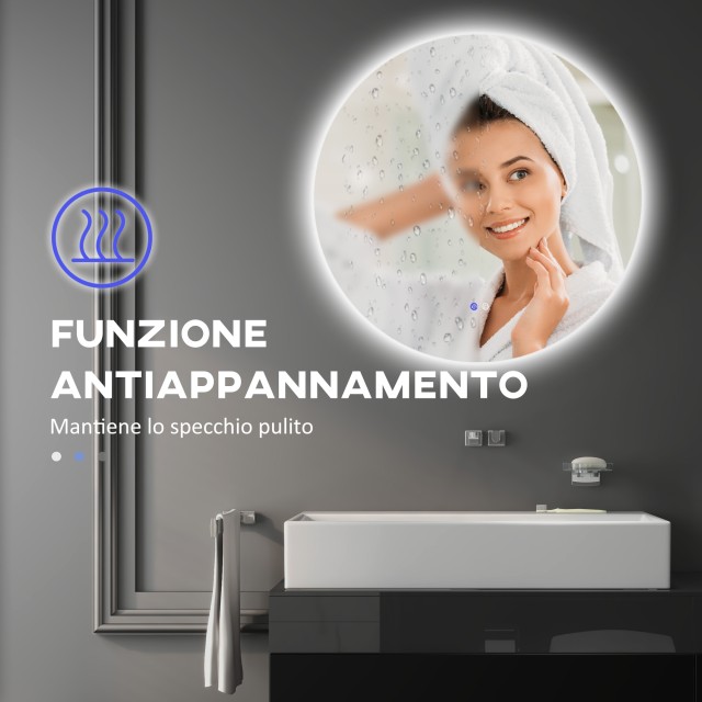 Kleankin Καθρέφτης Μπάνιου με Ρυθμιζόμενα Φώτα LED, Αφής Διακόπτες και Σχεδιασμό Κατά της Ομίχλης, Ø70 εκ. 834-601V01CR