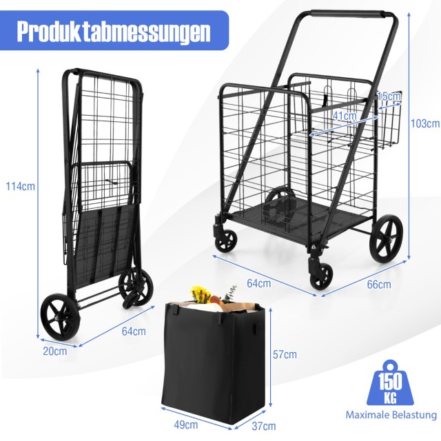 Costway Πτυσσόμενο Καρότσι Αγορών με Αποσπώμενη Τσάντα Oxford & 2 Κ...