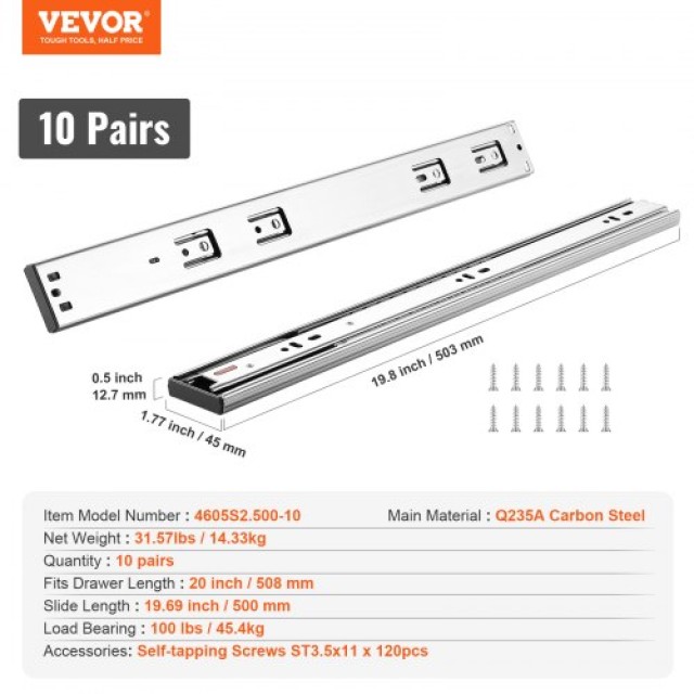 VEVOR  10 Ζεύγη Συρταροθήκες 508mm Πλευρικής Τοποθέτησης, Βαρέως Τύπου Πλήρους Επέκτασης, Αθόρυβοι Οδηγοί με Απαλή Κλείσιμο, Φέρουσα Ικανότητα 100 Λίβρες CZCJCTDG100L9UZXZV0