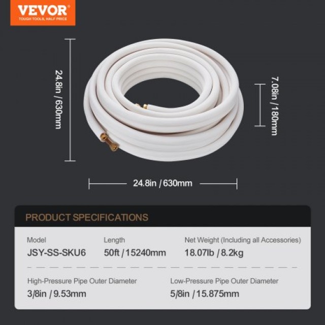 Σετ Σωληνώσεων VEVOR 15240mm για Κλιματιστικά Mini Split, Χαλκοσωλήνες 9.5 & 15.9mm με Τριπλή Μόνωση  KDLJTG50FT386YXZYV0