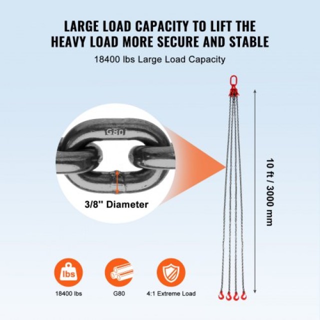 Αλυσίδα Ανύψωσης 4 Σκέλη 3/8 x 10 VEVOR G80 με Γάντζους 18400 lbs  DGDLHHMGFH1JVNVOQV0