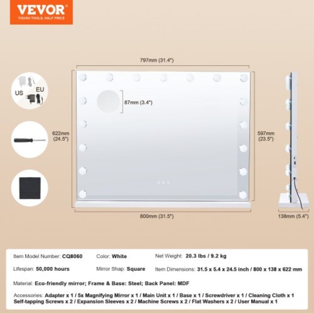 VEVOR  Καθρέφτης Μακιγιάζ Hollywood με Φώτα & USB-C 23.6 Επιτραπέζι...