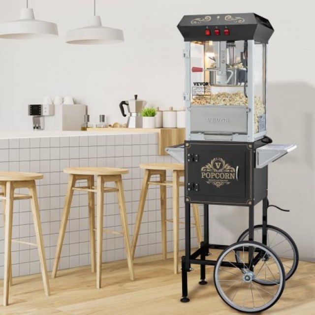 VEVOR  Μηχανή Παρασκευής Ποπκόρν με Καρότσι 850W 8 Oz 48 Κούπες Μαύρο CSBMHJ8OZ850NDZETV2