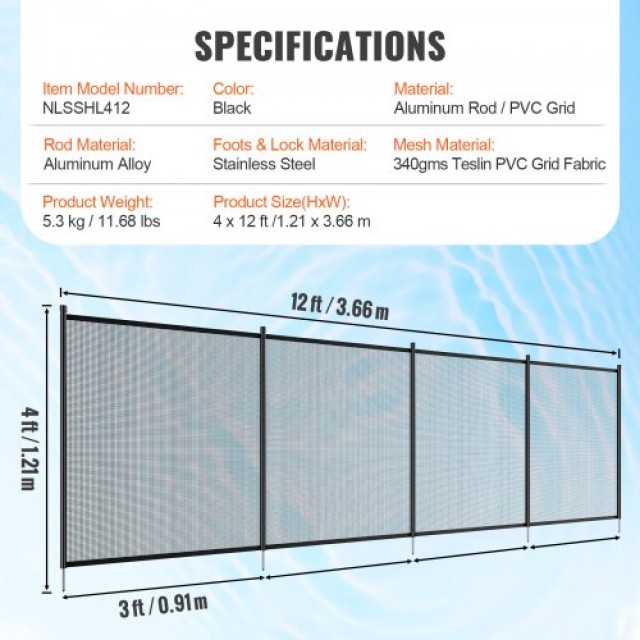 Περίφραξη Πισίνας VEVOR, 4 x 12 FT, Αφαιρούμενη Ασφάλεια για Παιδιά...