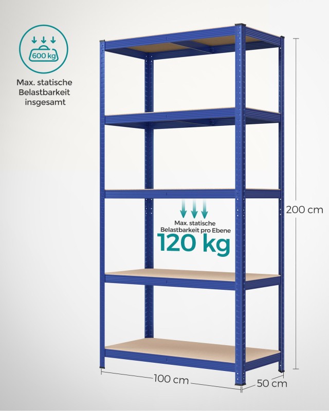SONGMICS Βαρέως Τύπου Ραφιέρα 5 Επιπέδων 50 x 100 x 200 εκ,  Μπλε, GLR050Q01 