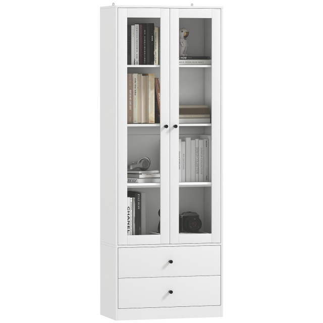 HOMCOM Λευκή Κουζίνα Κρεντένζα 59x30x164 cm με Γυάλινες Πόρτες 838-535V01WT