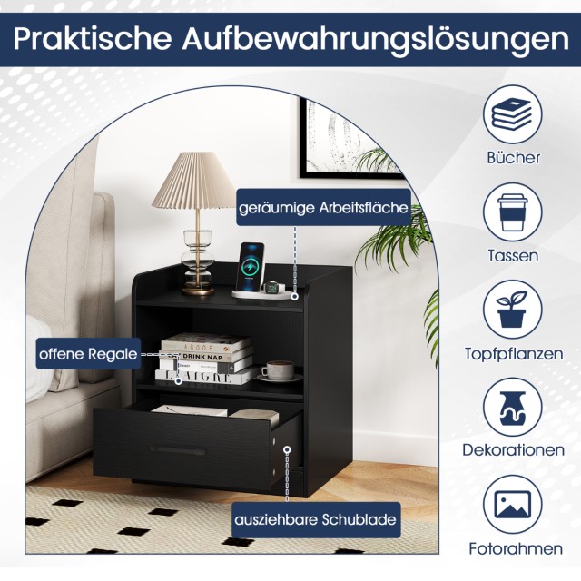 Costway Μαύρο Κομοδίνο με LED Φωτισμό και Ανοιχτό Ράφι και Συρτάρι ...