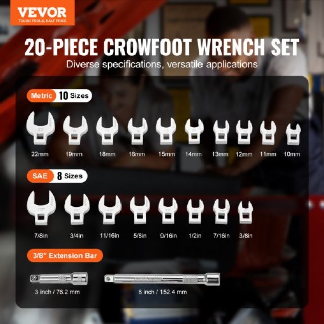 Σετ Κλειδιών VEVOR Crowfoot, 20 Τεμαχίων με 2 Μπάρες Επέκτασης, SAE & Μetric, 40CR, Καθρέφτης Χρώμιο  NJBSTZJT3820GGBT3V0