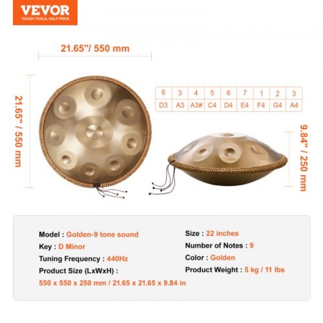 VEVOR  Χειροτύμπανο 22 9 Νότες Ρε Ελάσσονα με Μπαγκέτες  SDG22INCH9...
