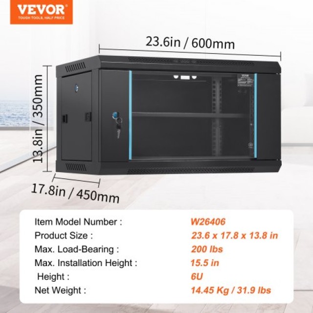 VEVOR 6U Επιτοίχια Ντουλάπα Δικτύου, 15.5 Βάθος, 200 lbs Φορτίο, Κλειδωτή Γυάλινη Πόρτα  WLJJGHBL6U1556GI7V0