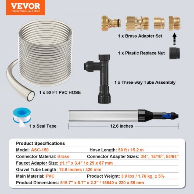 VEVOR  Σκούπα Ενυδρείου 50ft, Καθαριστής Χαλίκι & Άμμου, 3 Ορειχάλκινοι Αντάπτορες  HXSHSQ49YCKLCKNYRV0