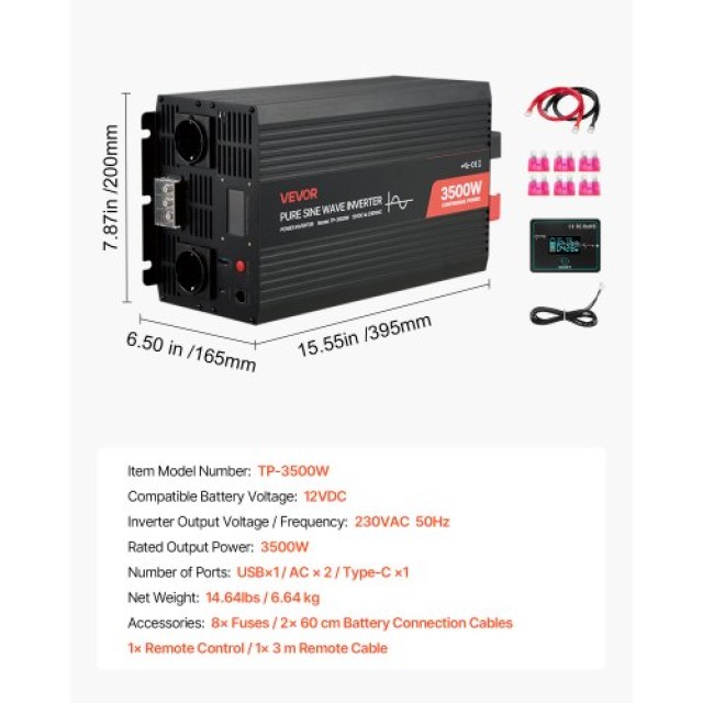 VEVOR Ισχυρός Μετατροπέας Ρεύματος 3500W, 12V DC σε 230V AC, Καθαρο...